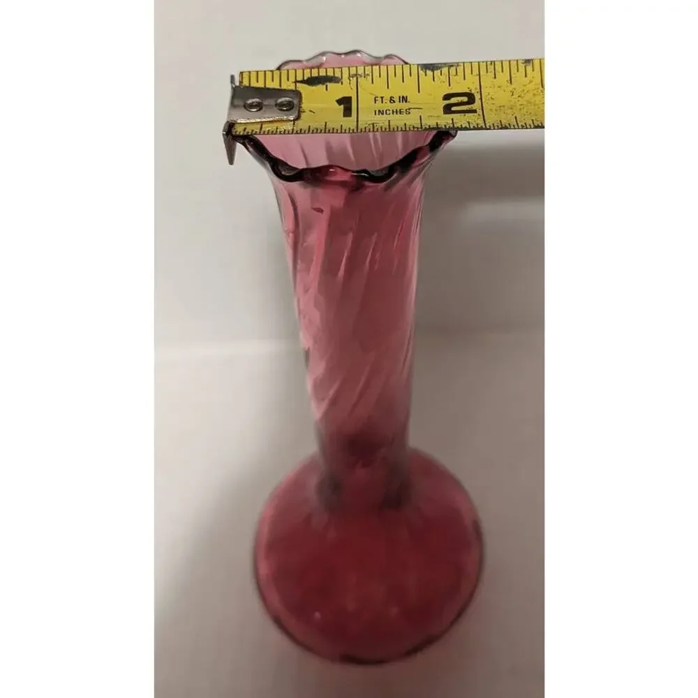 Vintage Pilgrim Cranberry Long Neck Vase scalloped edge Pink swirl Glass Decor - Picture 4 of 4
